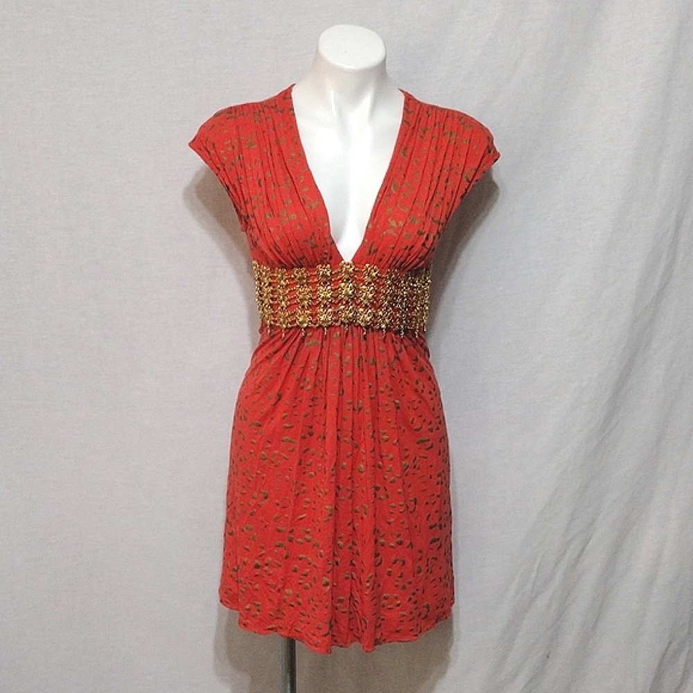 Sky Plunging V-Neck Empire Cut Bejeweled Gold Chain Tunic Dress Small Party Glam